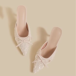 细跟尖头小香风气质拖鞋 包头半拖鞋 新款 子2026年夏季 女外穿高跟鞋