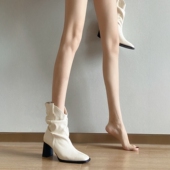 法式 2026年秋冬新款 极简风方头小个子高跟堆堆靴 短靴女款 软皮版