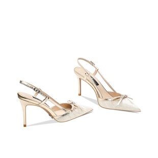 性感高跟鞋 气质金色一字带细跟尖头蝴蝶结新款 时尚 女2026夏季 凉鞋