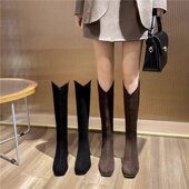 棕色绒面V口不过膝长筒靴女2025秋冬新款 时尚 粗腿显瘦高筒长靴子