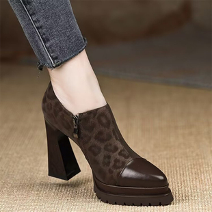 春秋百搭厚底侧拉链粗跟高跟鞋 10cm豹纹尖头深口单鞋 女2026年新款