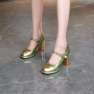 粗跟一字带高跟鞋 7cm国风绣花玛丽珍鞋 浅口单鞋 新款 女2026年秋季