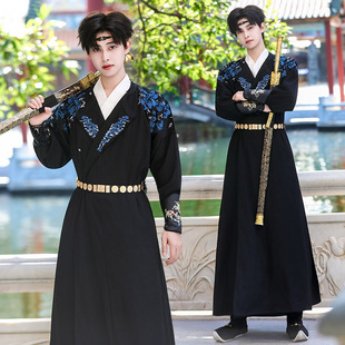 中国风汉服男款唐制圆领袍武侠风古装黑色刺绣古风男生演出服套装