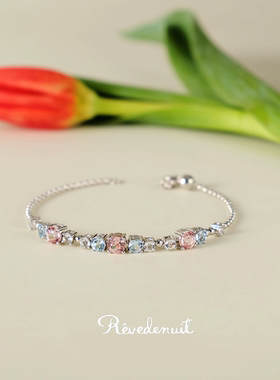 【经典】系列三联手链培育粉色蓝宝石托帕石925银镀18K金百搭日常