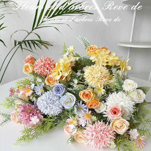 假花仿真花束小清新拉丝玫瑰绣球绢花塑料花干花捧花婚庆装饰摆设