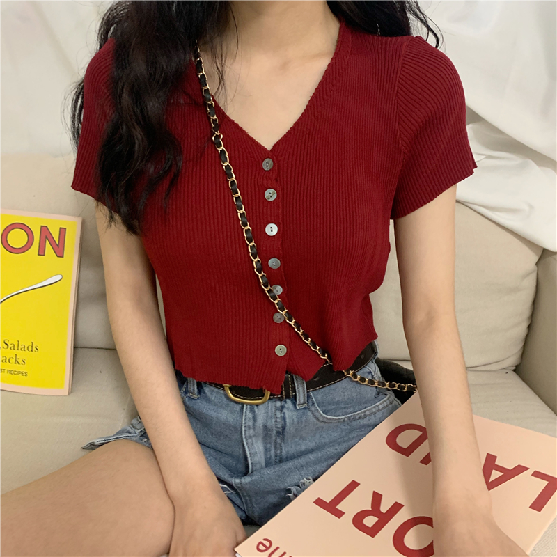 Real price French retro slim high waist short neck solid color knitted short sleeve cardigan top