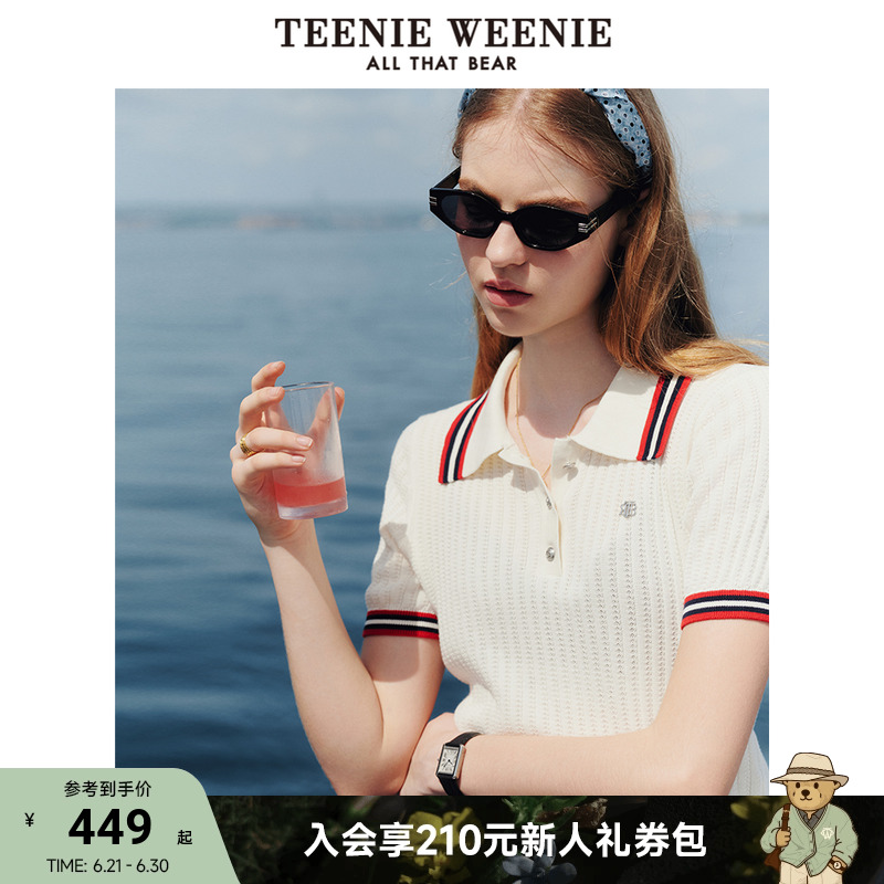 TeenieWeenie小熊针织T恤女装2025夏季新款撞色翻领棉丝混纺短袖