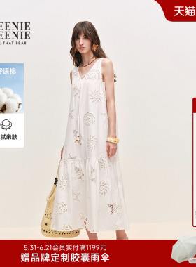 TeenieWeenie小熊女装26夏日设计感时尚度假风无袖V领白色连衣裙