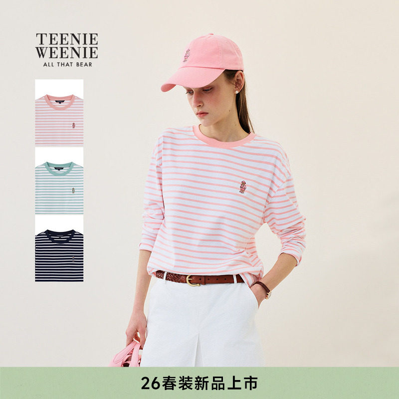 TeenieWeenie小熊女装T恤26年春季新款清新柔和撞色条