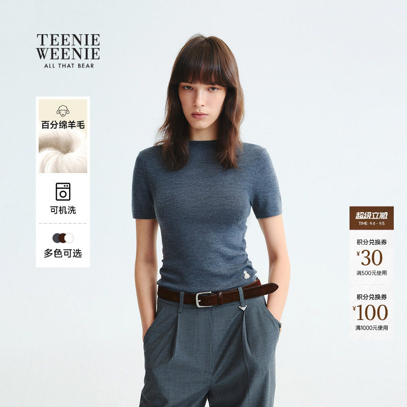 【可机洗美利奴羊毛】TeenieWeenie小熊女装半高领短袖T恤针织衫