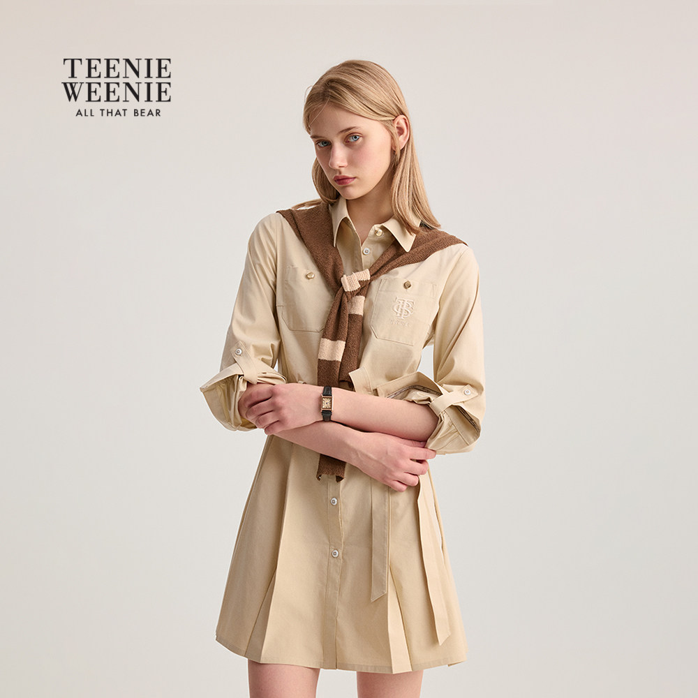TeenieWeenie小熊女装春秋季时尚优雅文艺风披肩休闲连衣裙衬衫裙