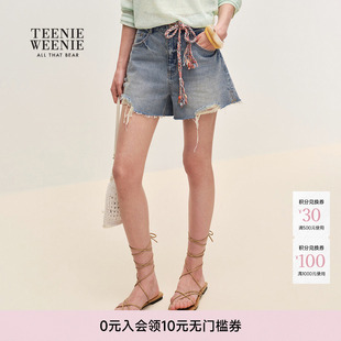 TeenieWeenie小熊女装26夏季新款时尚个性复古洗水破洞牛仔裤短裤