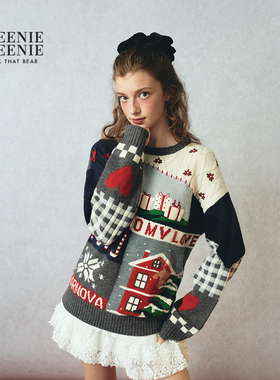 TEENIEWEENIE bearnova25冬新款女装节日氛围感重工嵌花圆领毛衣