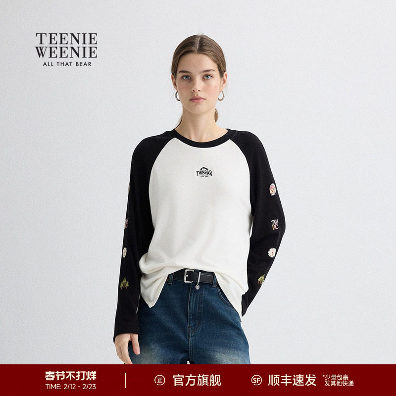 TeenieWeenie小熊女T恤秋冬休闲活力撞色插肩长袖圆领打