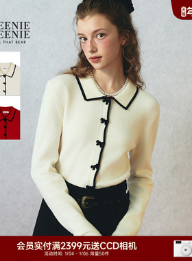 TEENIEWEENIE bearnova25冬季新款女装少女风蝴蝶结纽扣翻领开衫