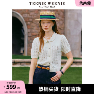 TeenieWeenie小熊2024春装新款娃娃领短袖毛衣针织开衫短款上衣女