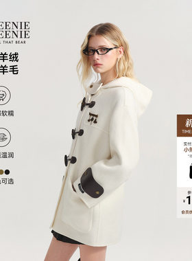 小熊女装牛角扣毛呢大衣连帽外套