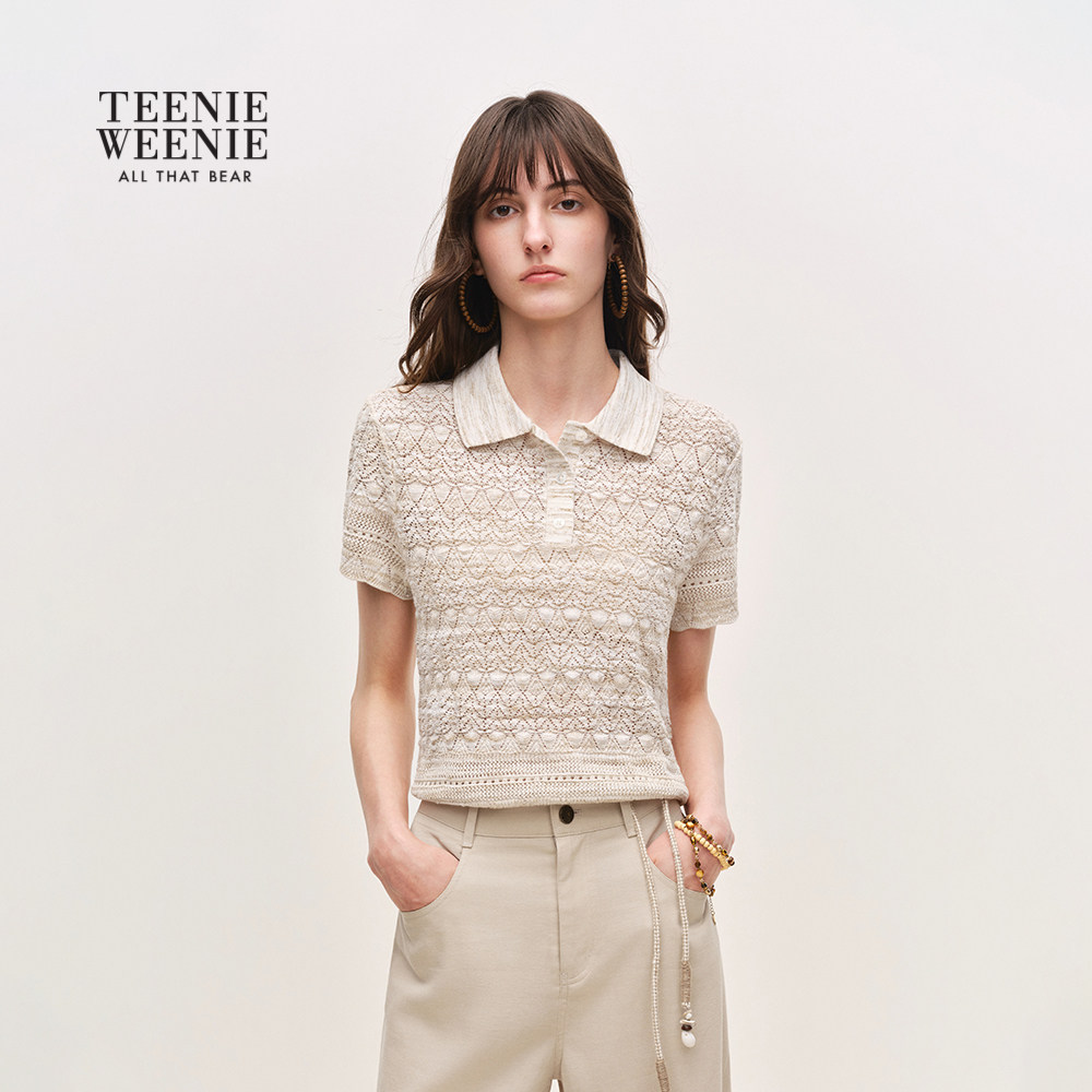 【含亚麻】TeenieWeenie小熊女装26夏时尚潮流花纱短袖polo针织衫