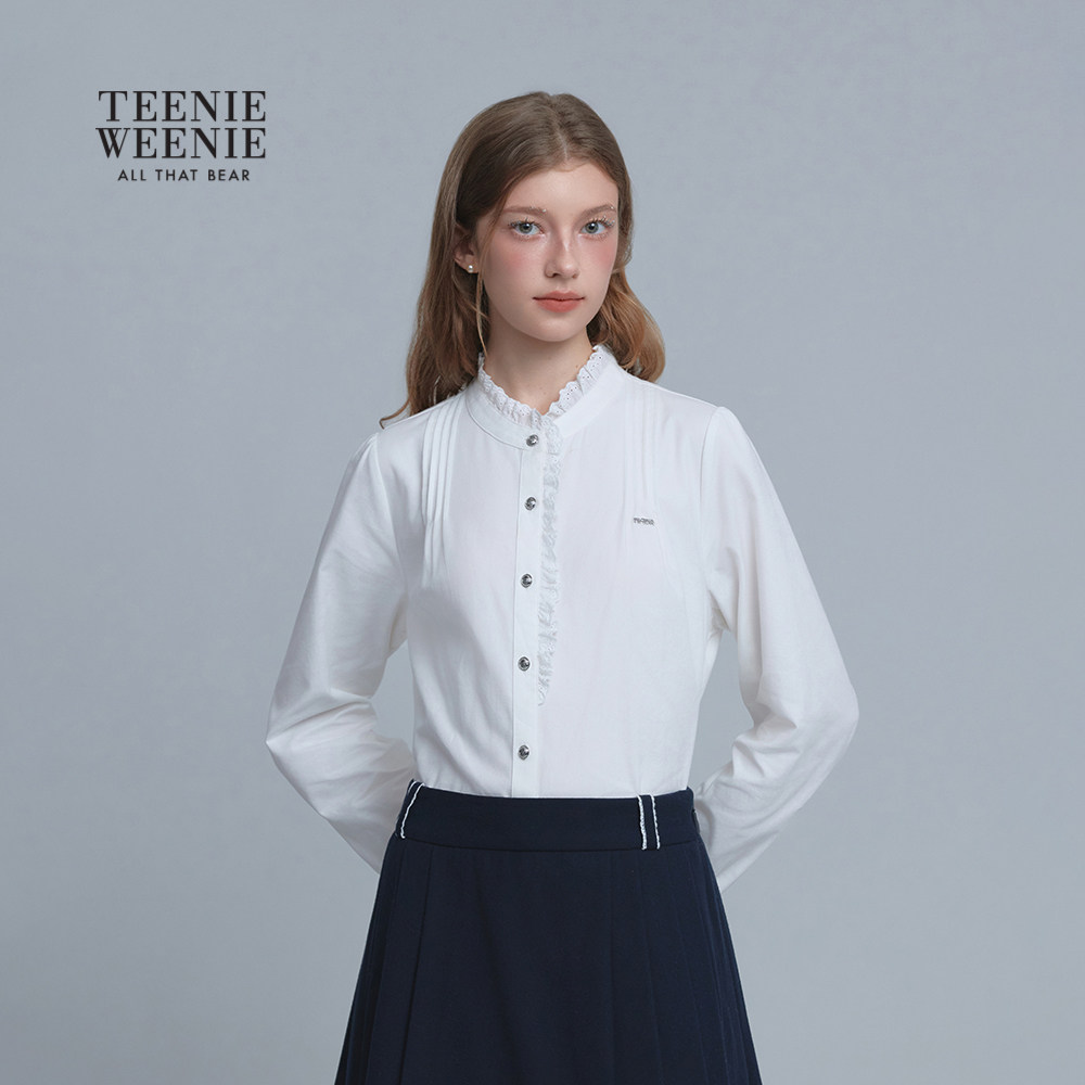TeenieWeenie小熊女装衬衫25年冬新款简洁优雅蕾丝装饰高领雪纺衫