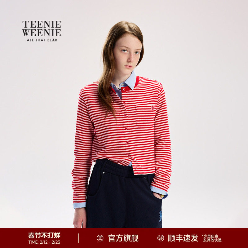 TeenieWeenie小熊女装T恤26春新款休闲活力红白条纹长