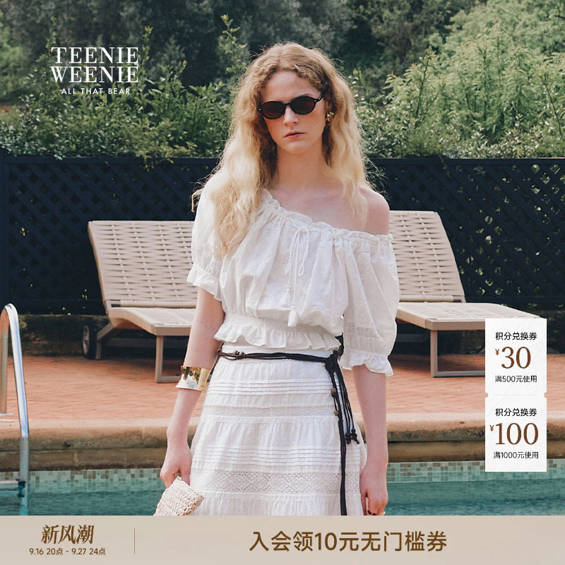 TeenieWeenie小熊女装衬衫夏日精致设计感一字肩上衣露肩雪纺衫