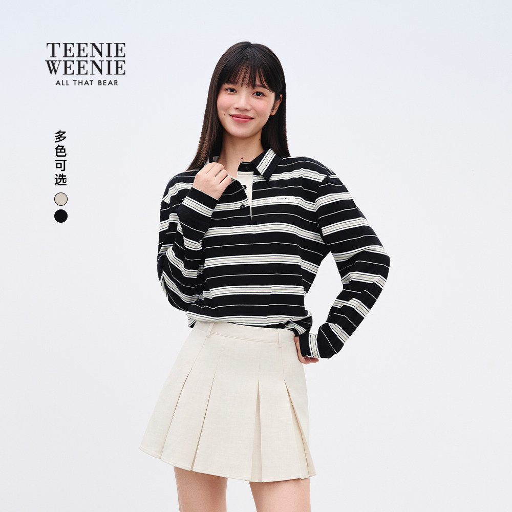TEENIEWEENIE bearnova小熊女装气质学院风POLO领条纹T恤打底衫