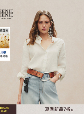 TeenieWeenie小熊女装26夏季简约时尚休闲基础款亚麻衬衫蓝色上衣