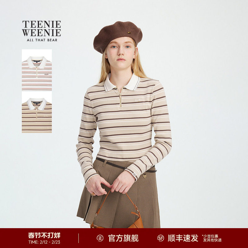 TeenieWeenie小熊女装T恤2025秋季新款时髦宽松条纹
