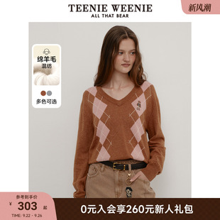 TeenieWeenie小熊秋學(xué)院休閑綿羊毛混紡V領(lǐng)學(xué)院菱形格毛衣針織衫
