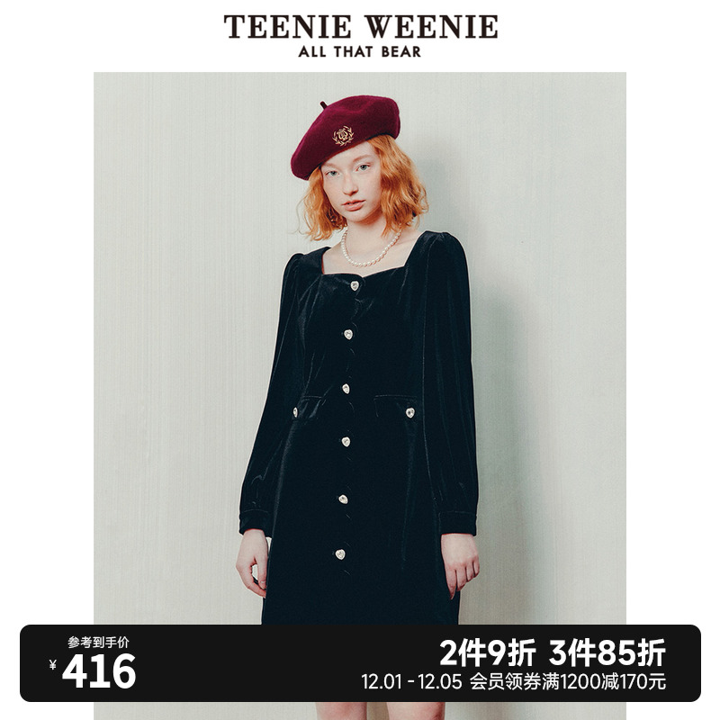 TeenieWeenie小熊秋冬新款复古气质泡泡袖收腰小黑裙连衣裙女