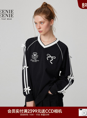 TEENIEWEENIE bearnova25年秋季新款学院风宽松蝴蝶结长袖V领T恤