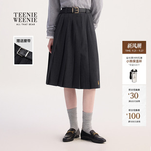 TeenieWeenie小熊女装半身裙秋冬季知识分子风刺绣中长裙百褶裙