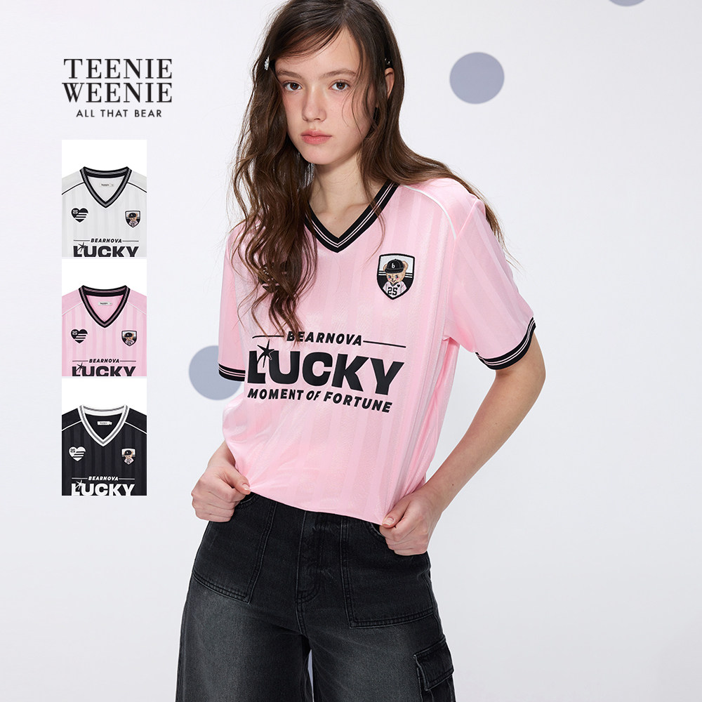 TEENIEWEENIE bearnova26夏季新款女装球衣风撞色v领刺绣短袖T恤