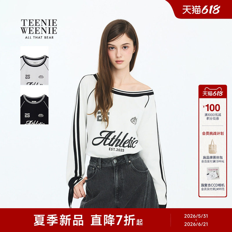 TEENIEWEENIE bearnova26春季新款女装一字肩球衣风印花长袖卫衣