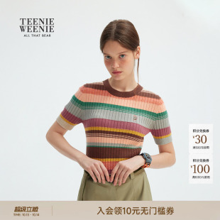 TeenieWeenie小熊女装夏款时尚多巴胺条纹刺绣圆领短袖T恤针织衫