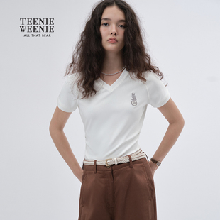 【液氨棉】TeenieWeenie小熊女装2025年秋新款V领短袖正肩修身T恤