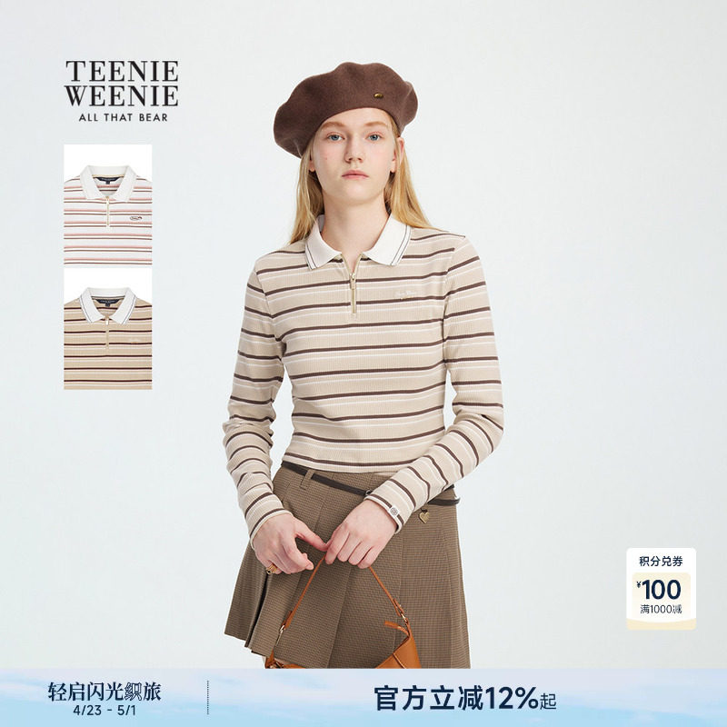TeenieWeenie小熊女装春秋季时髦宽松条纹半拉链翻领长袖短款T恤