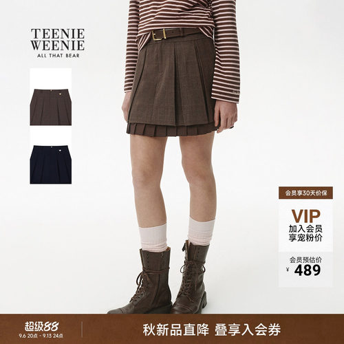 小熊女装半身裙高腰格纹百褶裙