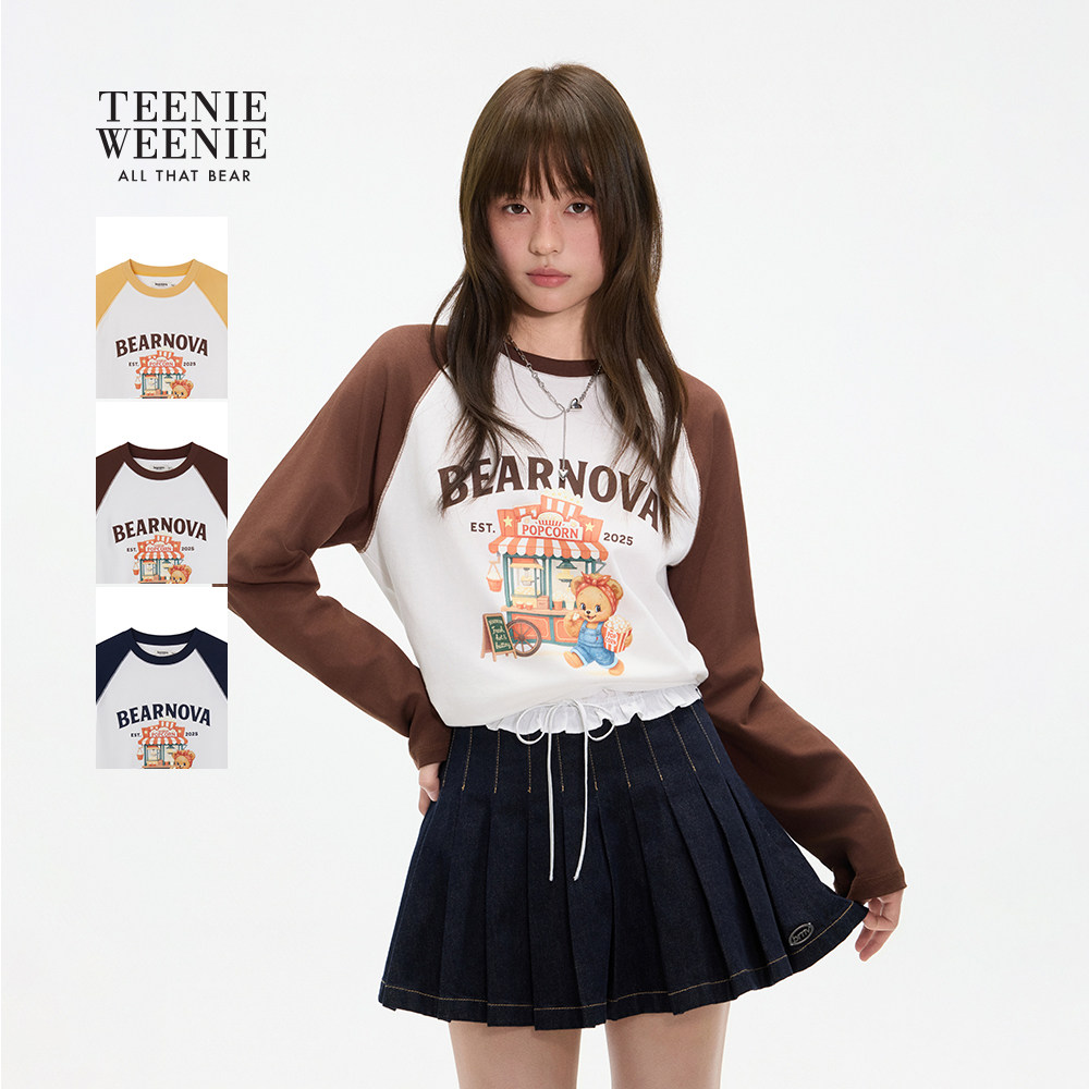 TEENIEWEENIE bearnova26春季新款女装萌趣小熊印花撞色插肩袖T恤