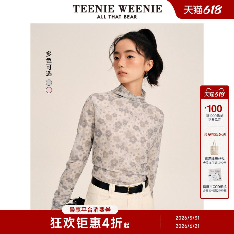 TeenieWeenie小熊女装时尚透感网纱碎花印花长袖半高领T恤打底衫