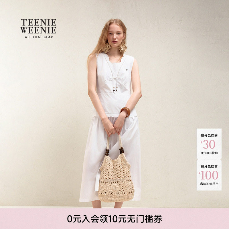 TeenieWeenie小熊女装26夏新款休闲时尚V领度假风无袖长款连衣裙