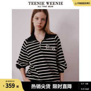 TeenieWeenie小熊春装Polo领泡泡袖韩版慵懒风卫衣条纹上衣女