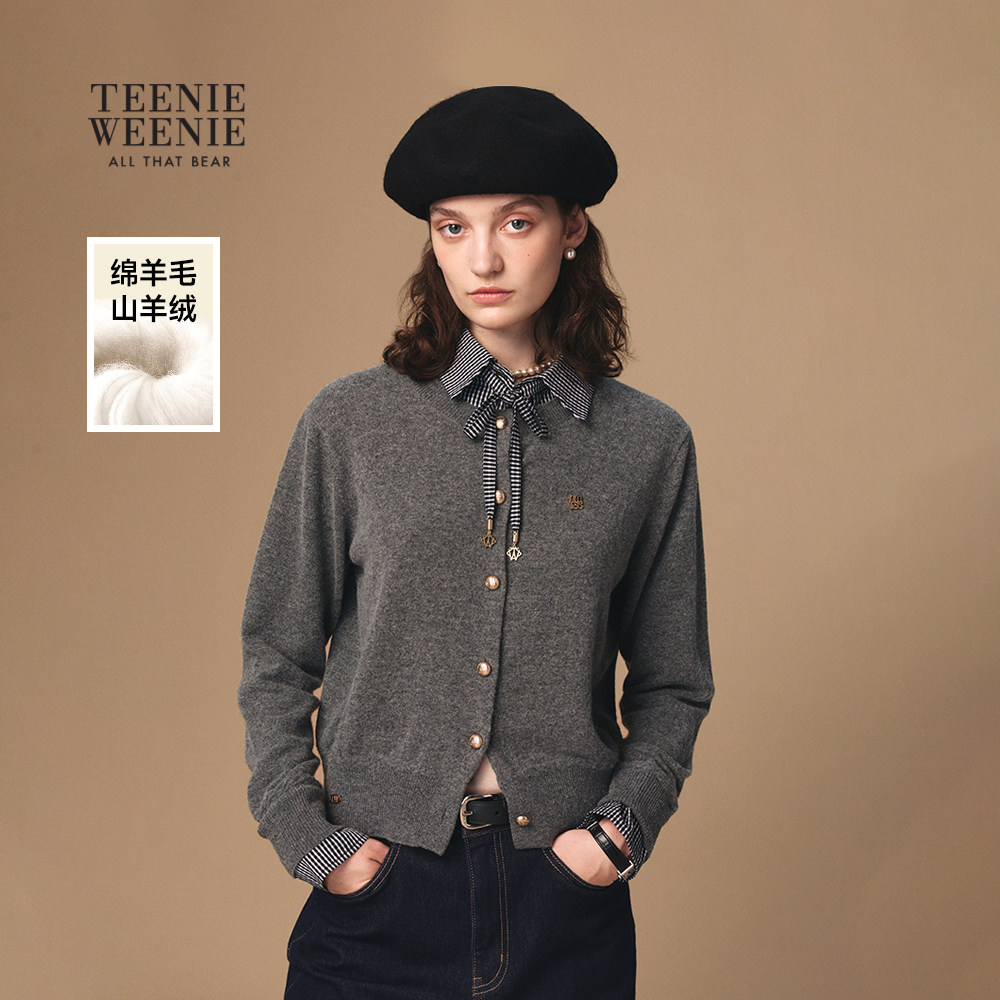 TeenieWeenie小熊女装毛衣25冬季新款舒适休闲格纹领拼接针织开衫,女装/女士精品,毛针织衫,淘宝优惠券,粉丝福利购,淘宝优惠卷