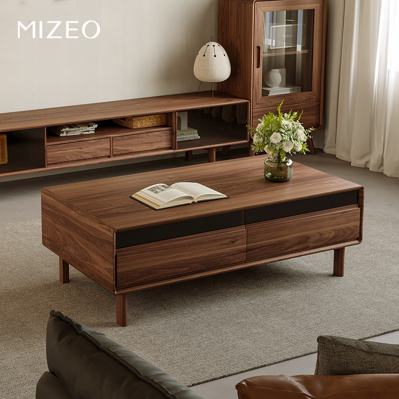 MIZEO 米卓/北美黑胡桃木中古风茶几电视柜组合简约实木客厅茶几