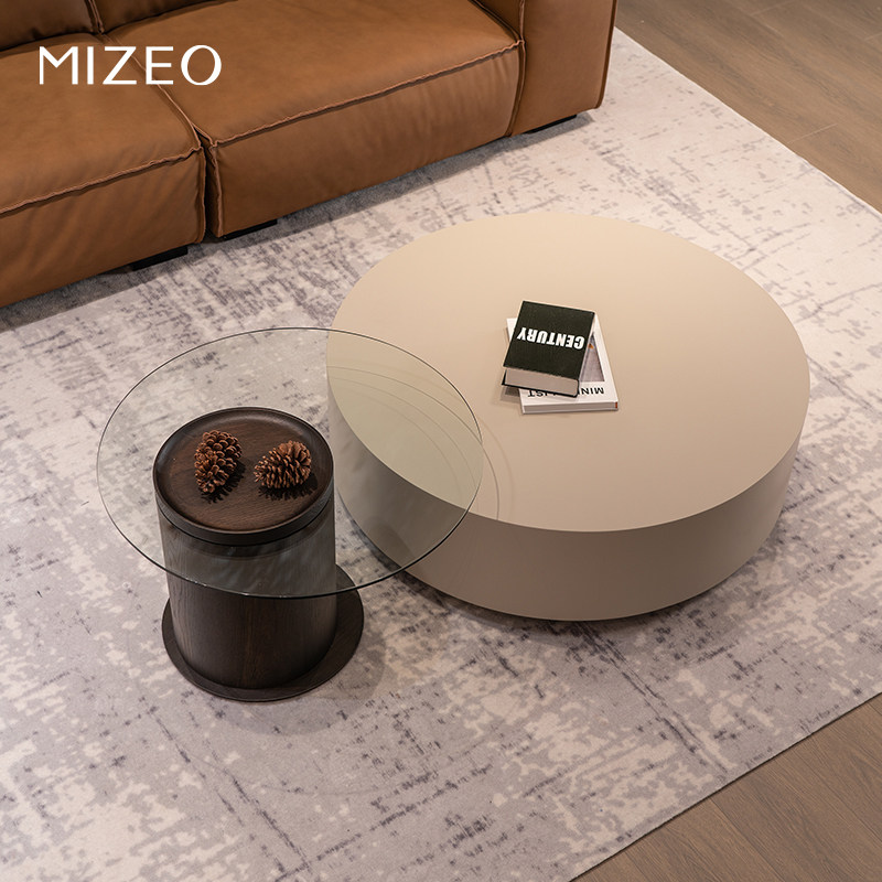 MIZEO 米卓/意式极简旋转实木玻璃圆茶几组合 简约现代轻奢茶几