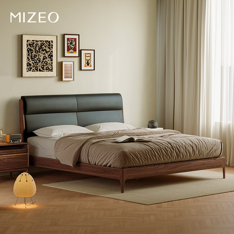 MIZEO米卓/中古风真皮复古悬浮床简约主卧室轻奢头层牛皮双人床