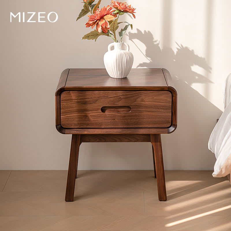 MIZEO 米卓/北美黑胡桃木现代中古风床头柜卧室中式极简实木柜子