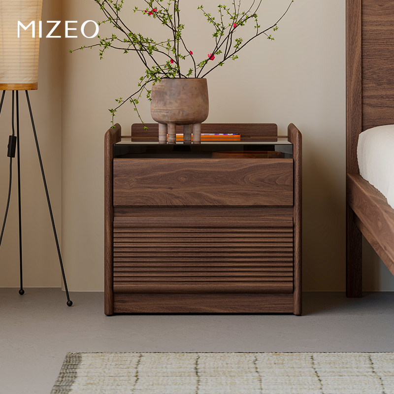 MIZEO 米卓/北美黑胡桃木现代中古风床头柜智能充电卧室抽屉柜子