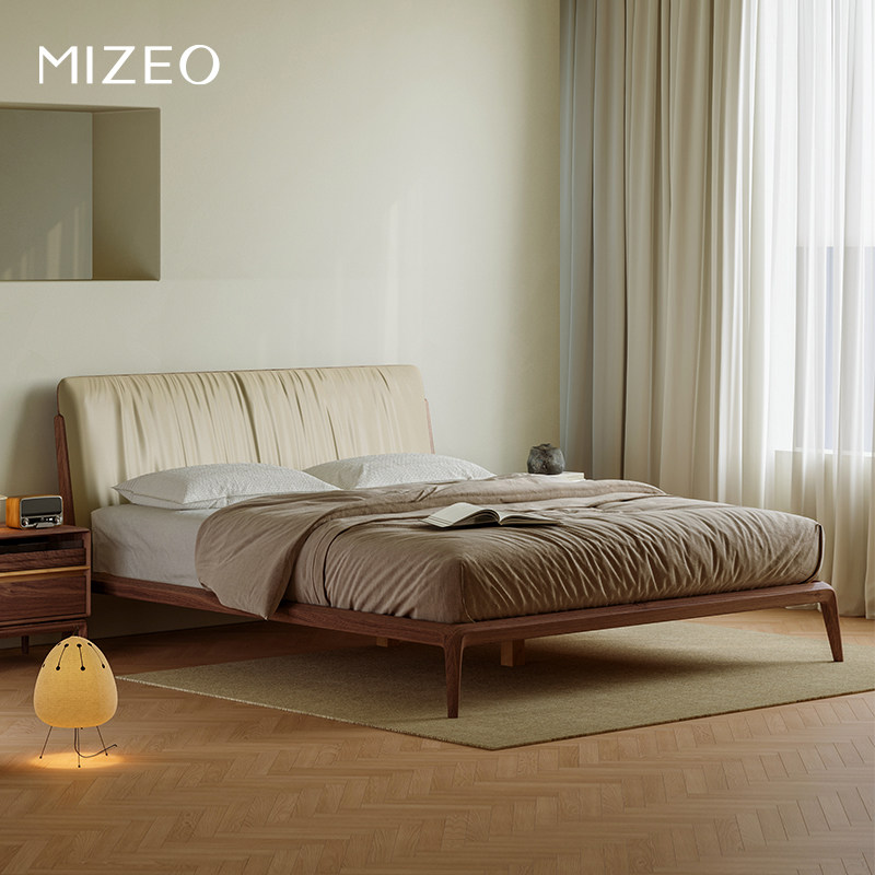 MIZEO米卓/中古风真皮复古悬浮床简约主卧室轻奢头层油蜡皮双人床