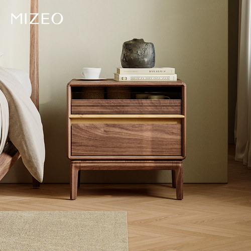 MIZEO 米卓/北美黑胡桃木现代中古风床头柜卧室中式极简抽屉柜子